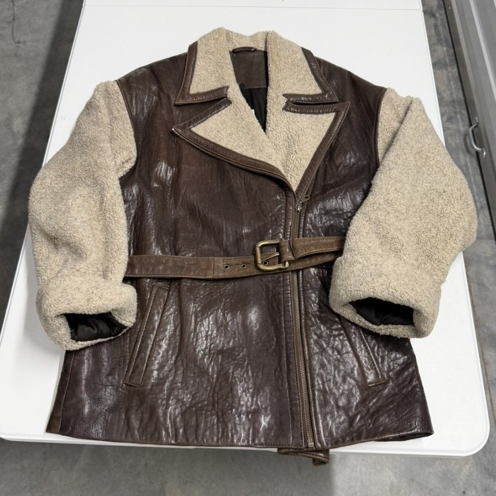 Vakko Sport Mens Brown Leather Belted Jacket Cream Pile Sleeves Small Vintage